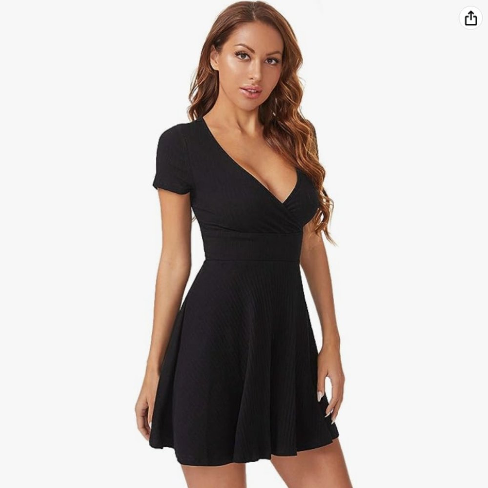 Verdusa Women's Surplice Neck Short Sleeve Mini Wrap A Line Fit and Flare Dress